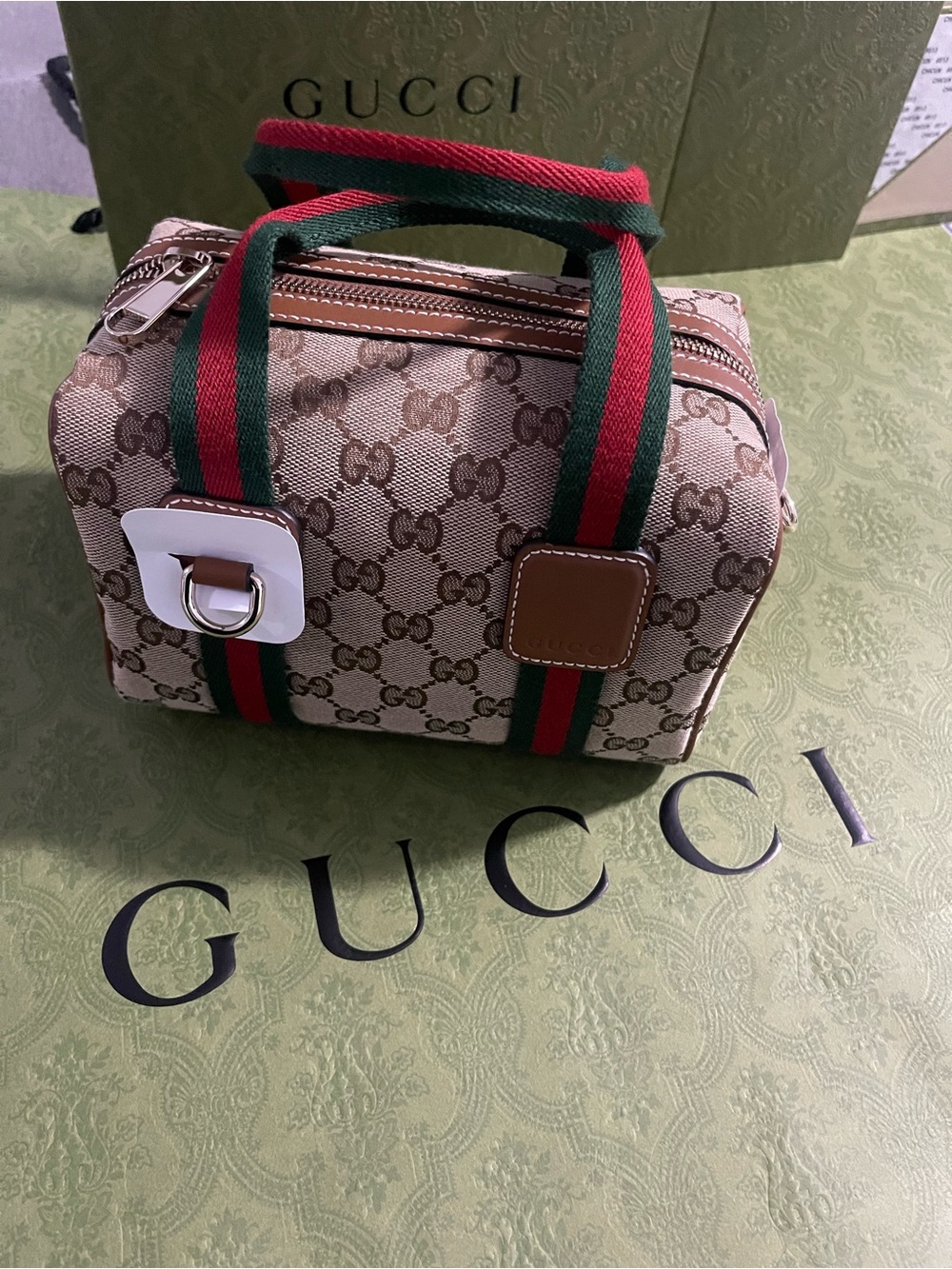 NWOT Gucci Beige GG Canvas Mini Bag with Green-Red Web and Tan Leather - Picture 8 of 8